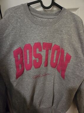 Grey Crewneck Sweatshirt with Pink 'Boston' Appliqué